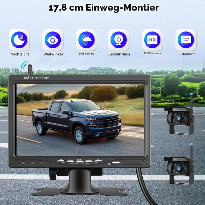1080P HD Kabelloses Rückfahrkamera Set, Stabile WiFi Wireless Rückfahrkamera, 7 Zoll HD IP68 Wasserd