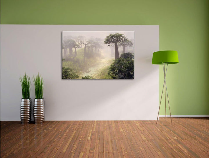 Mysteriöser Wald im Nebel, Format: 100x70 auf Leinwand, XXL riesige Bilder fertig gerahmt mit Keilra