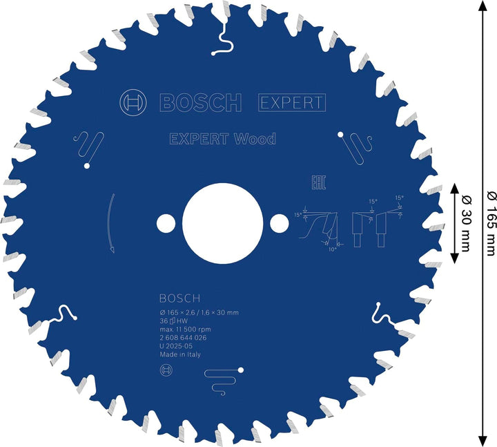 Bosch Professional 1x Kreissägeblatt Expert for Wood (Holz, Sägeblatt Ø 165 x 30 x 2,6 mm, 36 Zähne,