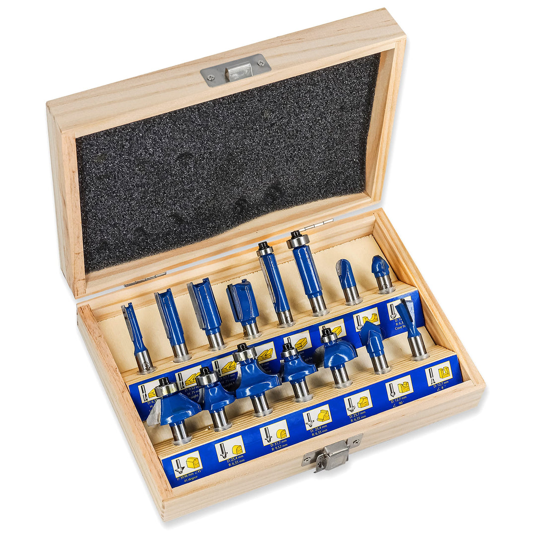 S&amp;R Holzfräser-Set HM 15-tgl., Holzfräs-Bits für 8mm Schaft, Holzkoffer, geschmiedeter Werkzeugstahl
