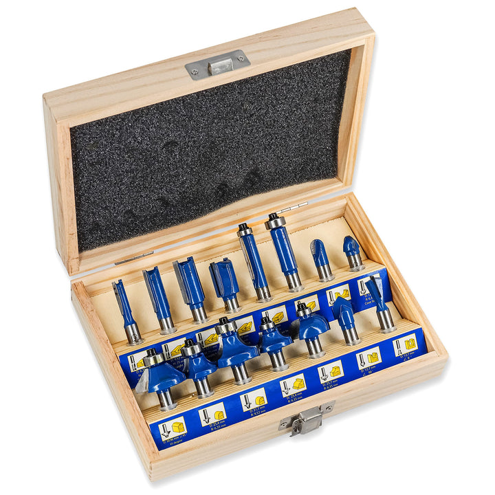 S&amp;R Holzfräser-Set HM 15-tgl., Holzfräs-Bits für 8mm Schaft, Holzkoffer, geschmiedeter Werkzeugstahl