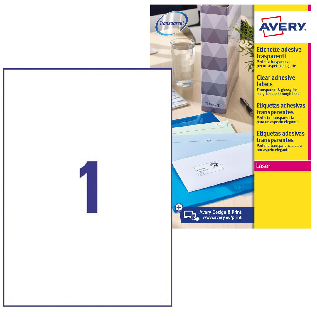 Avery J7567-25 Adressetiketten für Laserdrucker (1 Etikett pro Blatt, 210 x 297 mm) 25 Stück transpa