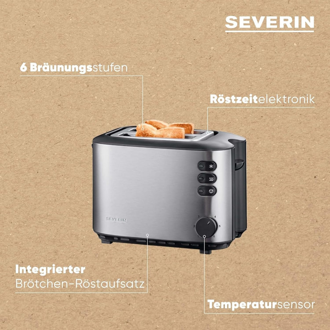 SEVERIN Automatik-Toaster, Inkl. Brötchen-Röstaufsatz, 2 Röstkammern, 850 W, AT 2514, Edelstahl/Schw