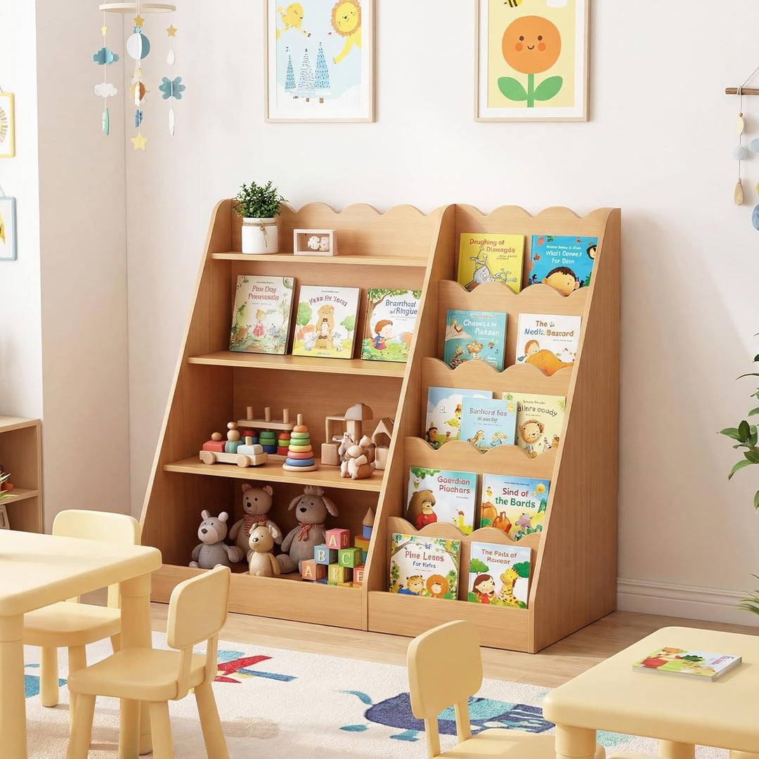 COSTWAY Kinder Bücherregal aus Holz, 5 stufiges Kinderregal mit 4 offenen Ablagen & versteckem Ablag