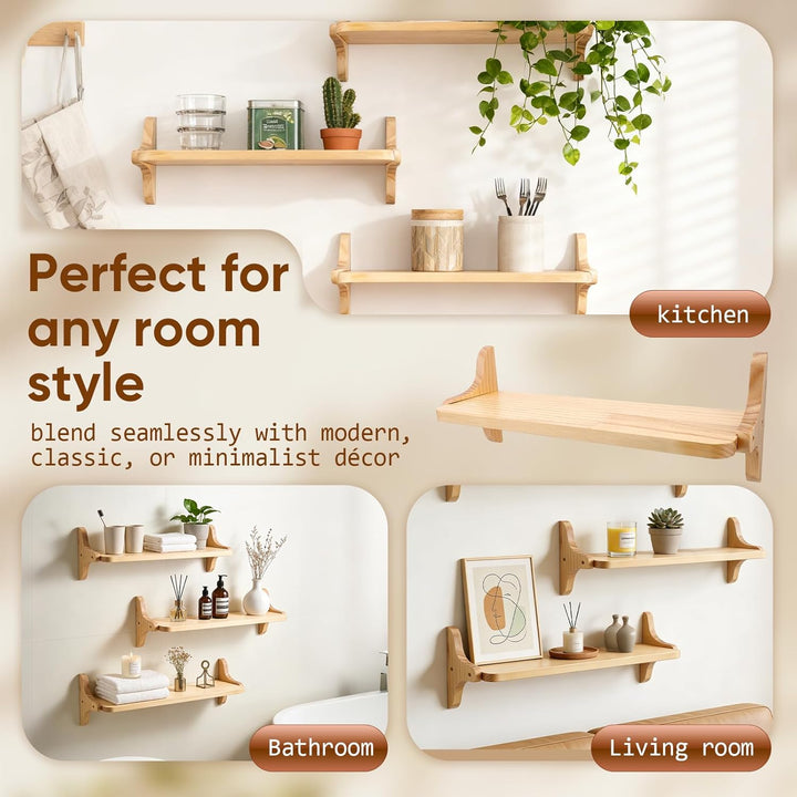 Wandregal Holz 3er Set, Schwebendes Regal, Stabiles Hängeregal für Küche, Wohnzimmer, Schlafzimmer,