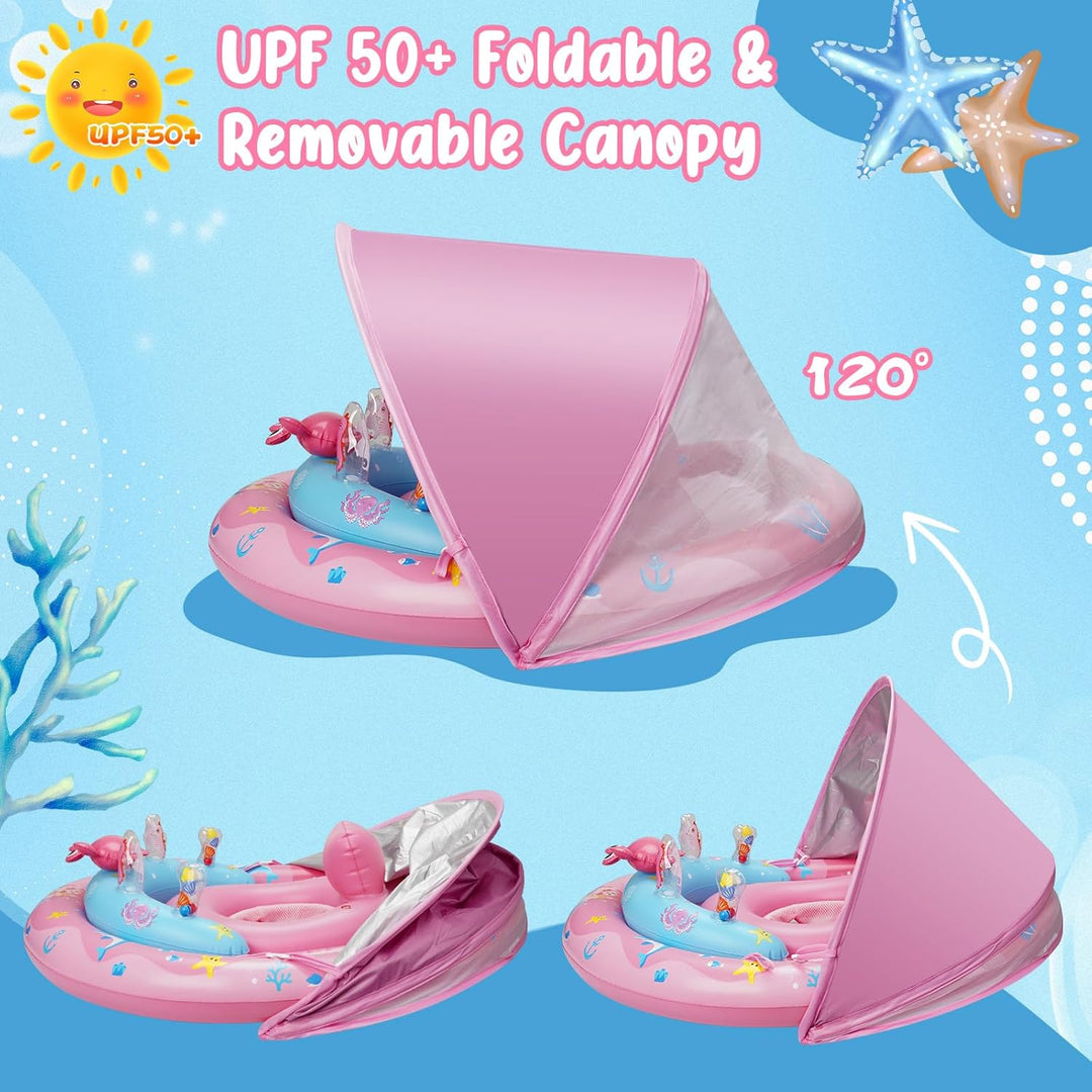 Baby-Schwimmring mit Sonnendach UPF 50+ Sonnenschutz, verstellbarer Sicherheitsgurt & Spielzeug, Auf