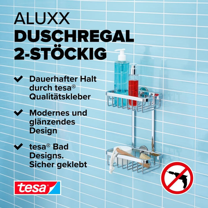 tesa ALUXX Duschregal ohne Bohren, Aluminium, verchromt, rostfrei, zweistöckig, inkl. Klebelösung, 1