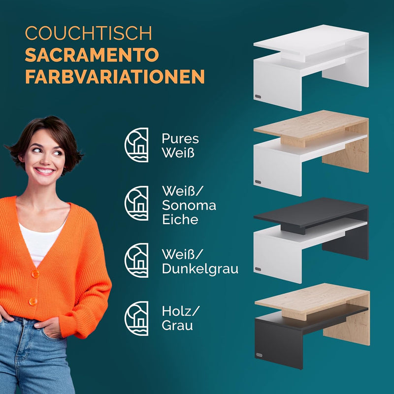 Casaria® Couchtisch mit Ablage Stauraum 92x51x48 cm Kratzfest Holz 50 kg Belastbarkeit Modern Gross