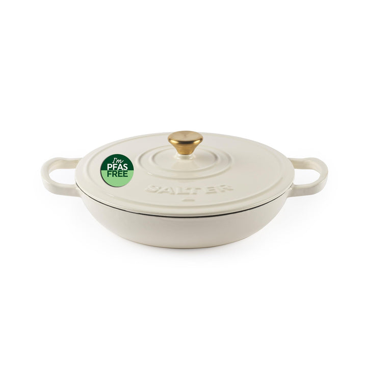 SALTER Chester Flacher Gusseisen-Auflauftopf – 30 cm Dutch Oven, Selbstschöpfender Deckel, Langlebig