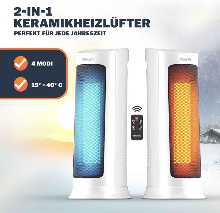 Monzana® Keramik Heizlüfter 2000W 4 Betriebsmodi 15-40°C Energiesparend 120° Oszillation Timer Leise