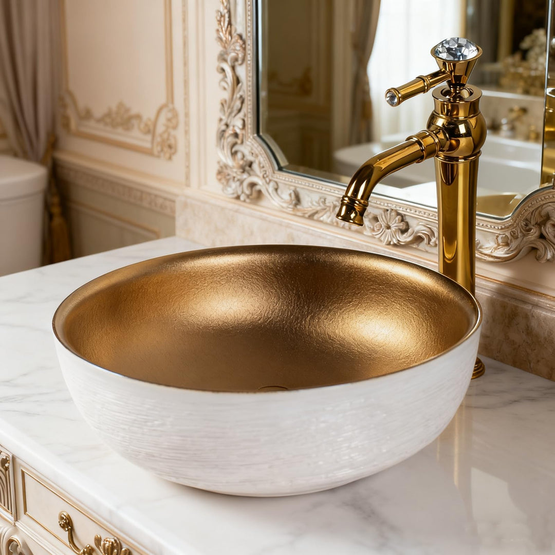 1 Kompletter Satz Keramik Arbeitsplatte Waschbecken mit Gold Wasserhahn und Pop-up Abfluss für Badez