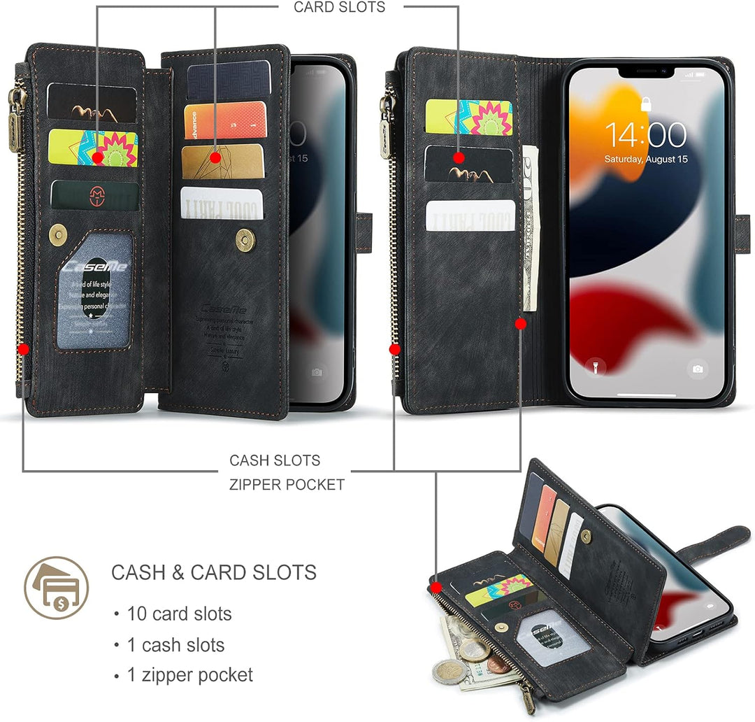 QLTYPRI Handyhülle für iPhone 13 Pro, Reissverschluss Hülle PU Leder Klapphülle Kartenfach Geldbörse