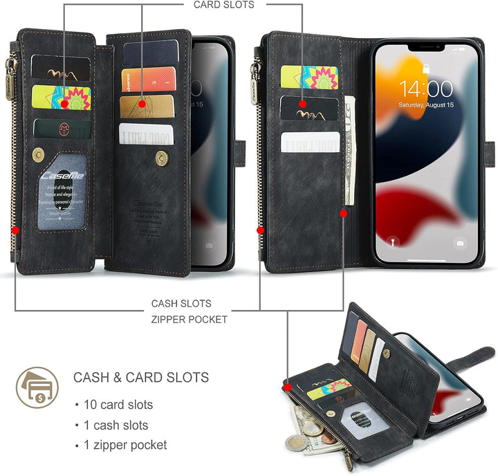 QLTYPRI Handyhülle für iPhone 13 Pro, Reissverschluss Hülle PU Leder Klapphülle Kartenfach Geldbörse