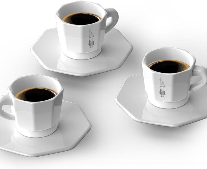 Bialetti Octagonal Cups, Set 4 Cups, White and Silver, 75 ml,