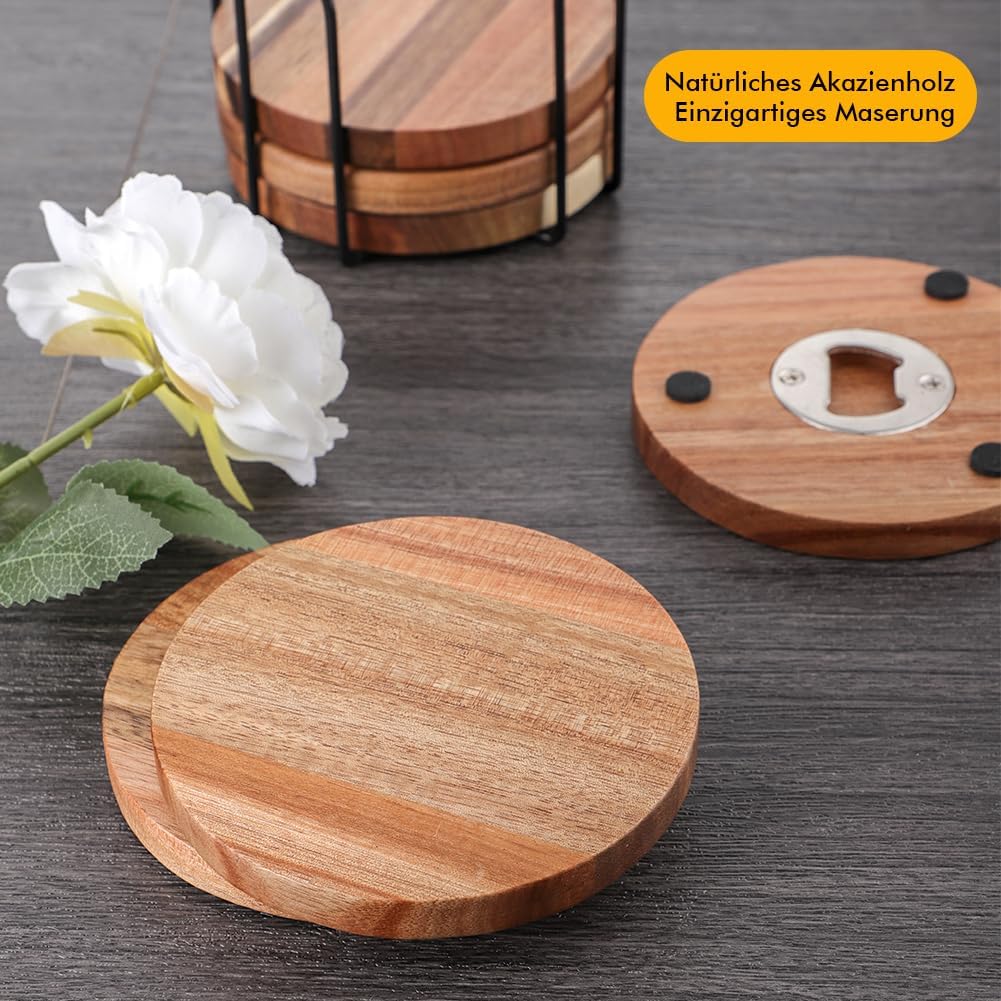 Untersetzer Gläser Holz 6er Set, Glasuntersetzer Holz mit Flaschenöffner, Bierdeckel Untersetzer run