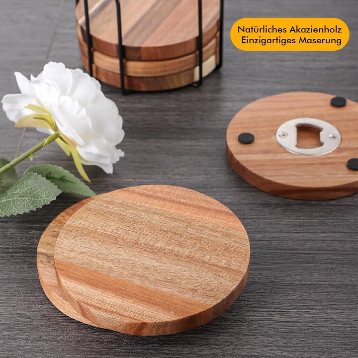 Untersetzer Gläser Holz 6er Set, Glasuntersetzer Holz mit Flaschenöffner, Bierdeckel Untersetzer run