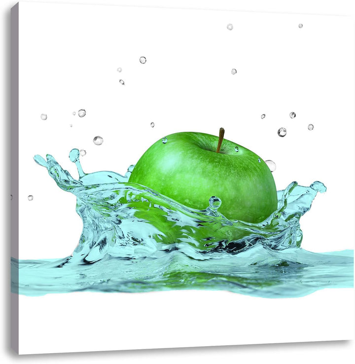 Pixxprint Green Apple Grüner Apfel fällt in Wasser schwarz/weiss, Format: 70x70 auf Leinwand, 70x70