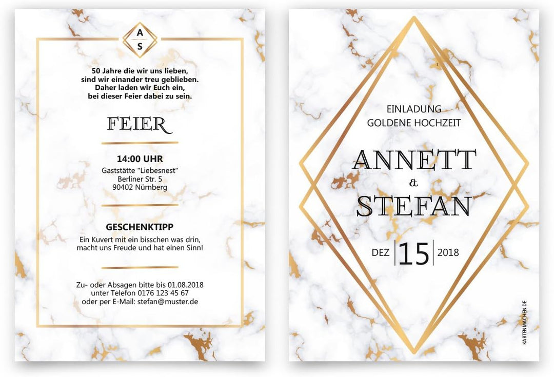 10 x Hochzeitseinladungen Goldhochzeit goldene Hochzeit Einladung individuell - Marmor 10 Stück Gold