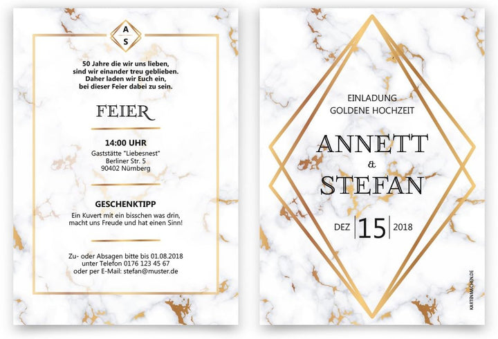 10 x Hochzeitseinladungen Goldhochzeit goldene Hochzeit Einladung individuell - Marmor 10 Stück Gold