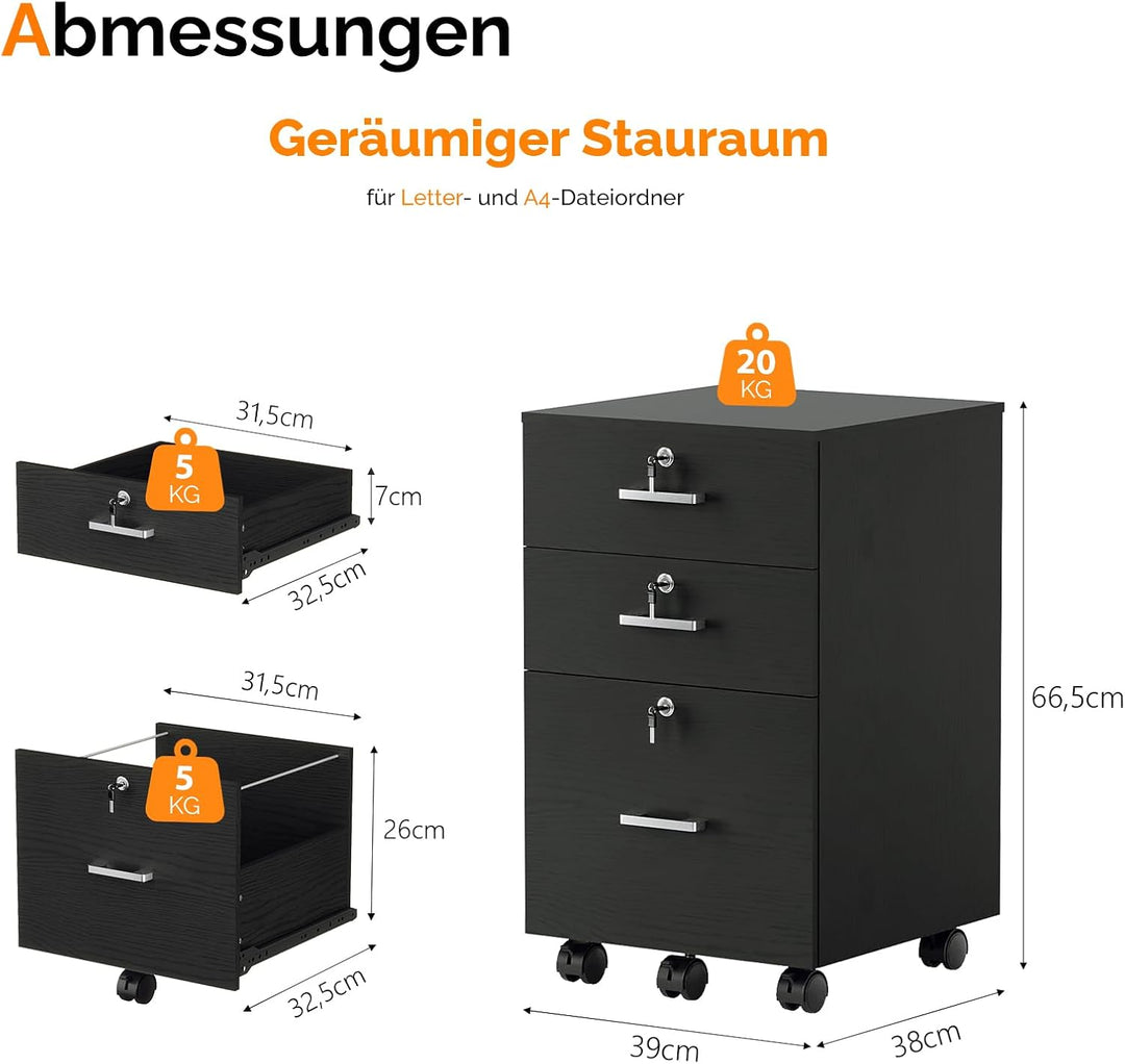 Bonnlo mobiler Aktenschrank 3 Schubladen für Büro,Homeoffice, schwarz,Holz, Schwarz