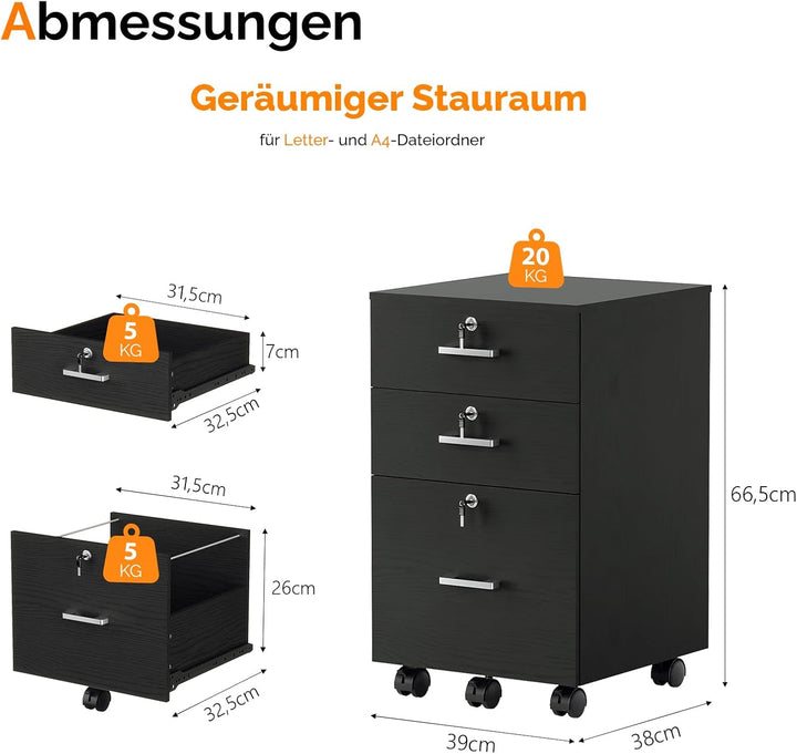 Bonnlo mobiler Aktenschrank 3 Schubladen für Büro,Homeoffice, schwarz,Holz, Schwarz