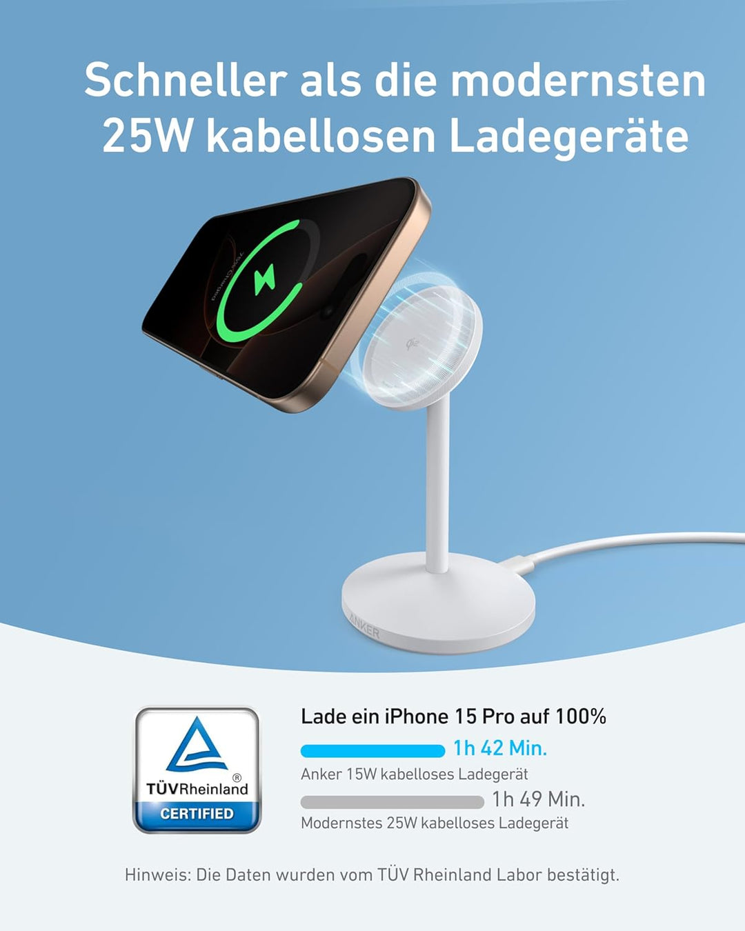 Anker MagGo kabellose Ladestation, 15W Qi2 für MagSafe, Ständer mit USB-C Kabel, Magnetisches Ladege