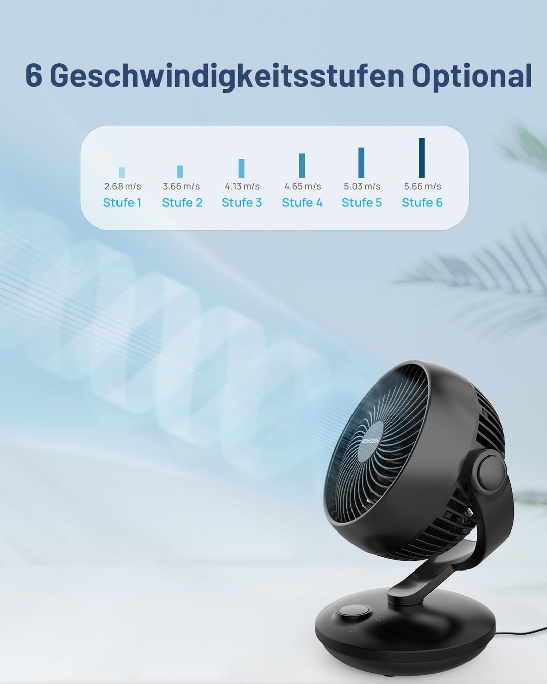 WOWDSGN Ventilator Leise 22dB Mit 6 Stufen & Display - 9-Stunden-Timer, Leistungsstarker 3D Turbo-Lu