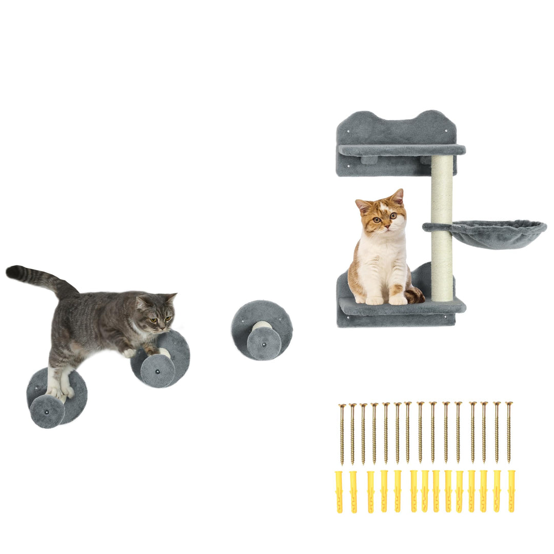 PawHut Katzen Kletterwand, 4-teilig, Katzenkletterwand, inkl. 1 x Sprungturm, 3 x Kratzbäume, Klette