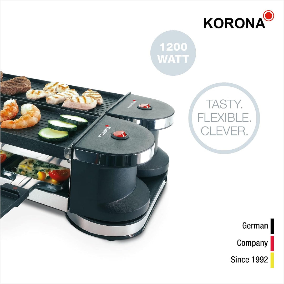 Korona 45072 Klappbares Raclette für 8 Personen | 2-in-1-Raclette mit 8 Pfannen & Spateln | Mit Anti