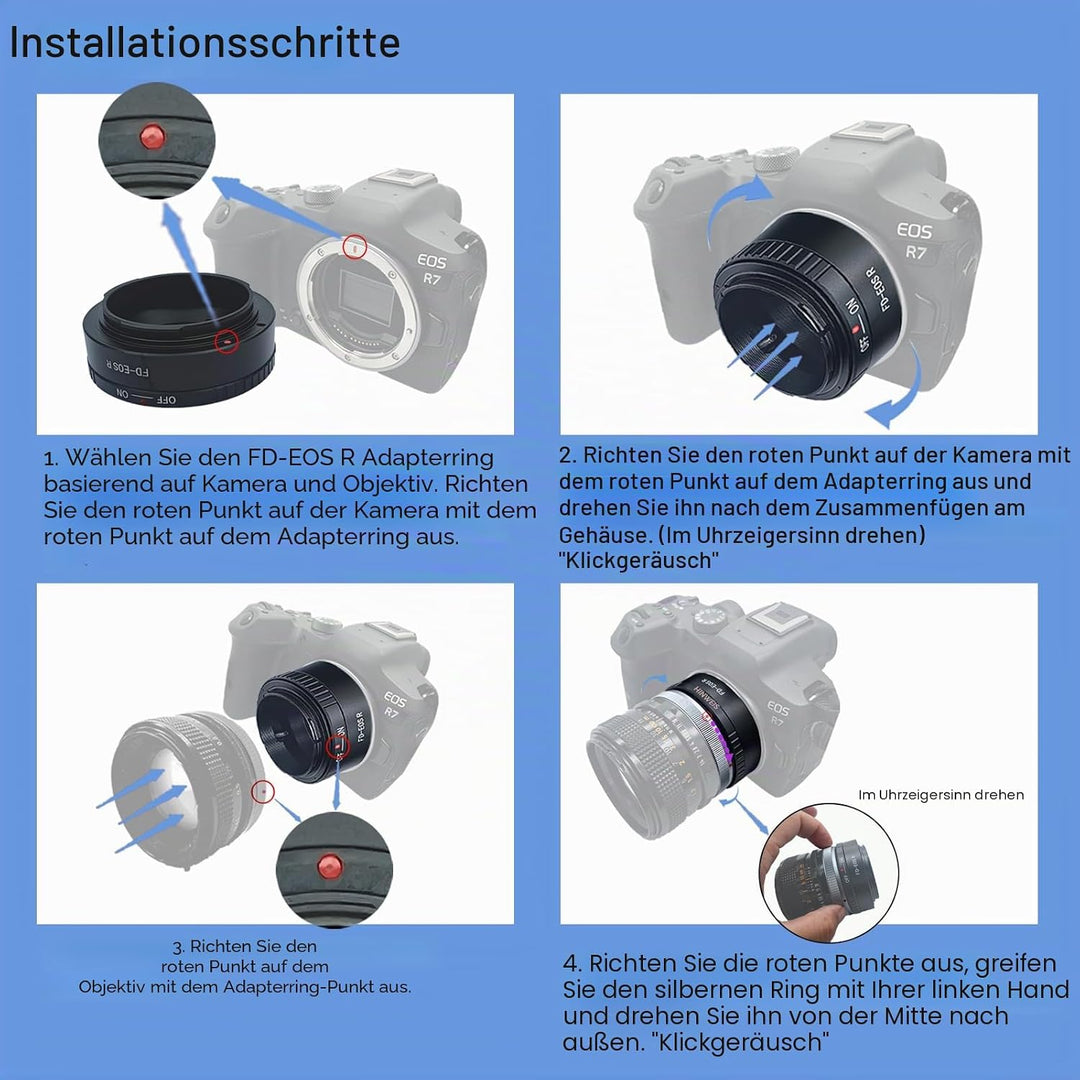 FD-EOS R Objektivadapter Adapterring auf für Canon FD/FL Objektiv Kompatibel für EOS R-Mount Kamera