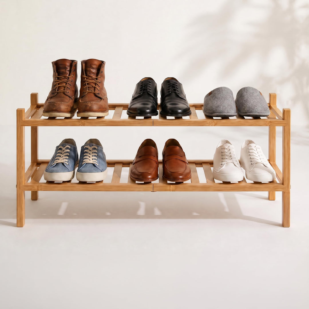 Schuhregal aus Bambus, Schuhablage mit 2 Ebenen, 68 x 28 x 32 cm, Erweiterbar Stapelbar, Schuhschran