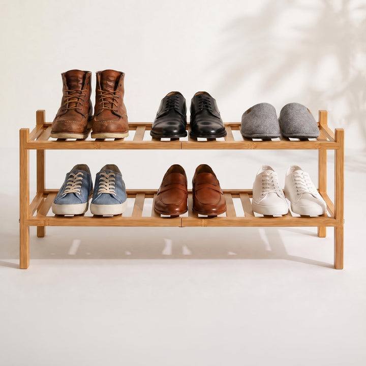 Schuhregal aus Bambus, Schuhablage mit 2 Ebenen, 68 x 28 x 32 cm, Erweiterbar Stapelbar, Schuhschran