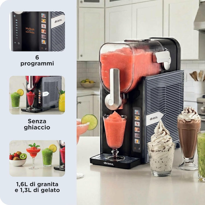 Ariete 655/00 MySlush & IceCream, Slush-Maschine, Eis- und Frozen Drink-Maschine, 2,6 l Tank, 30-60