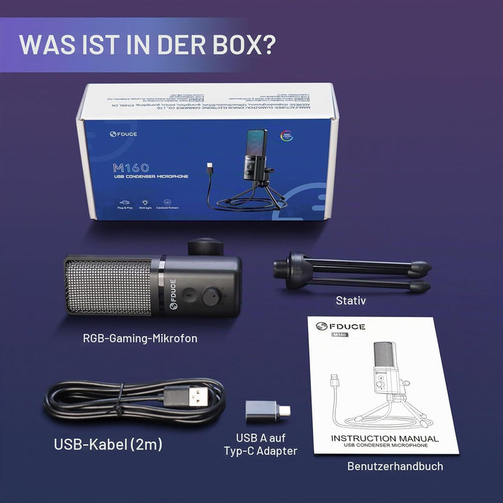 FDUCE Kondensatormikrofon mit Stativ, Lautstärkeregelung und Stummschaltfunktion, kompatibel mit PC,