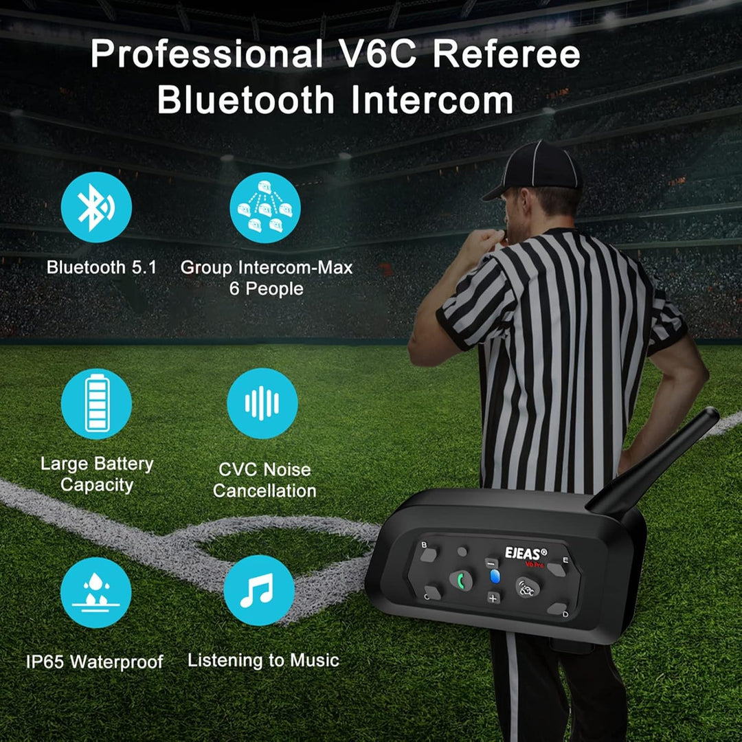 EJEAS V6C Fusball Schiedsrichter Headset Intercom, Bluetooth Kommunikationssystem für 2 bis zu 6 Per