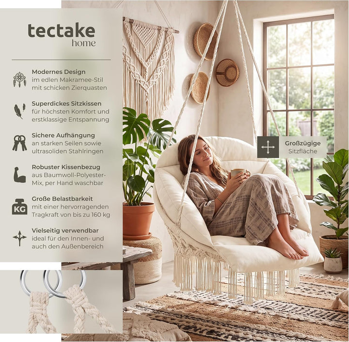 tectake® Hängesessel, Hängeschaukel mit dicken Kissen & Quasten, Boho Hängekorb Ø 80 cm, Hängesessel