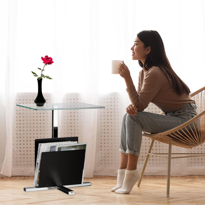 Relaxdays Beistelltisch mit Zeitungsständer, Metall, Glas Couchtisch, Zeitungsablage, HxBxT: 53 x 46