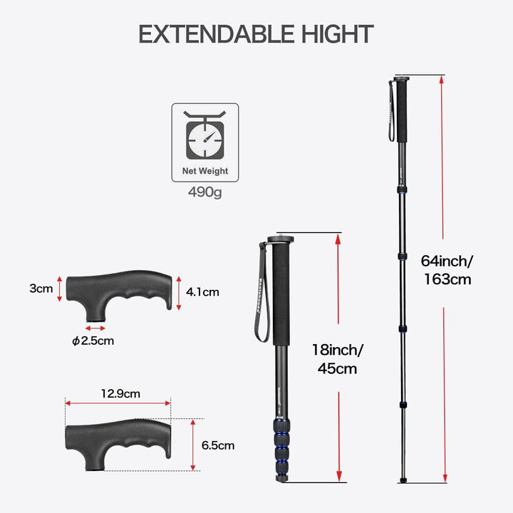 koolehaoda Aluminium-Kamera-Einbeinstativ und Alpenstock mit Griff, 5-Bein-Abschnitte, 7 kg Tragkraf