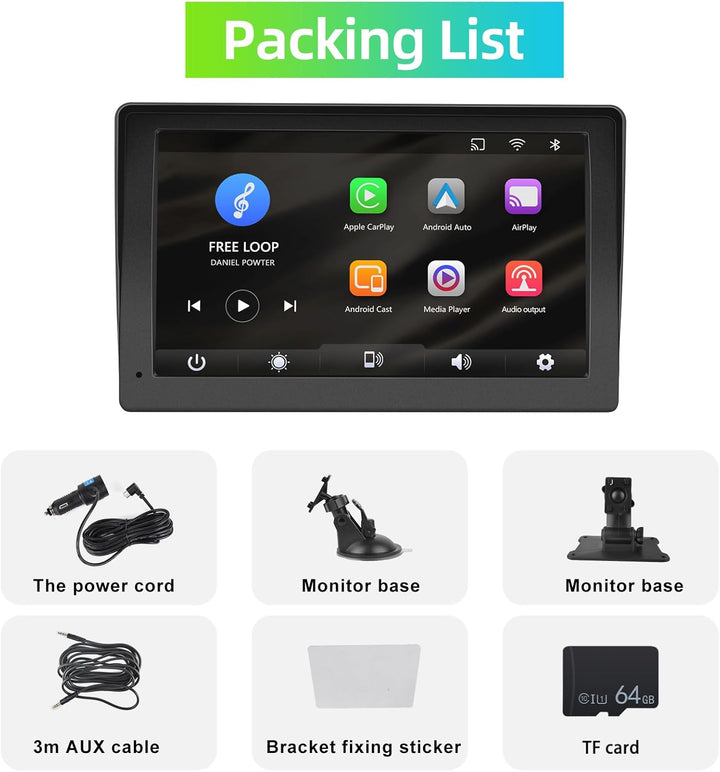 Podofo Tragbares Autoradio mit Kabellosem Apple Carplay und Android Auto, 7-Zoll HD Touchscreen, 7V-