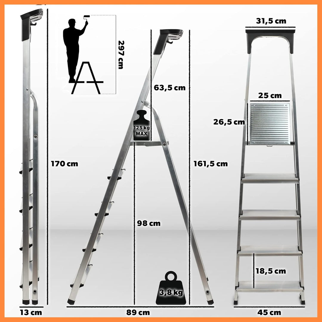 KADAX Aluminiumleiter, Stehleiter bis zu 125 kg, Stufenleiter, Klapptritt für Senioren, Alu-Sicherhe