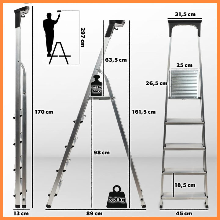 KADAX Aluminiumleiter, Stehleiter bis zu 125 kg, Stufenleiter, Klapptritt für Senioren, Alu-Sicherhe