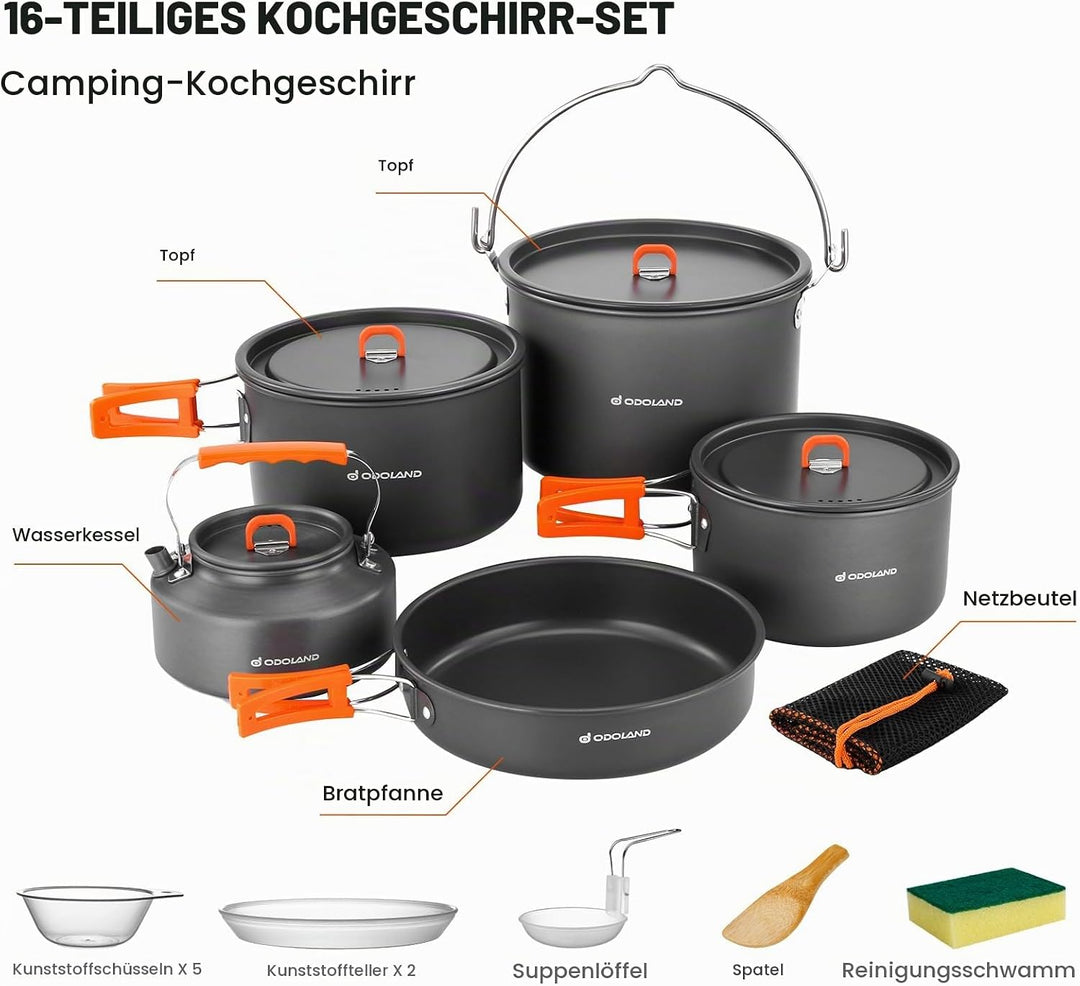 Odoland Camping Kochgeschirr Set 16 Teilig, Outdoor Geschirr Set mit 3 Topfe, Bratpfanne und Wasserk