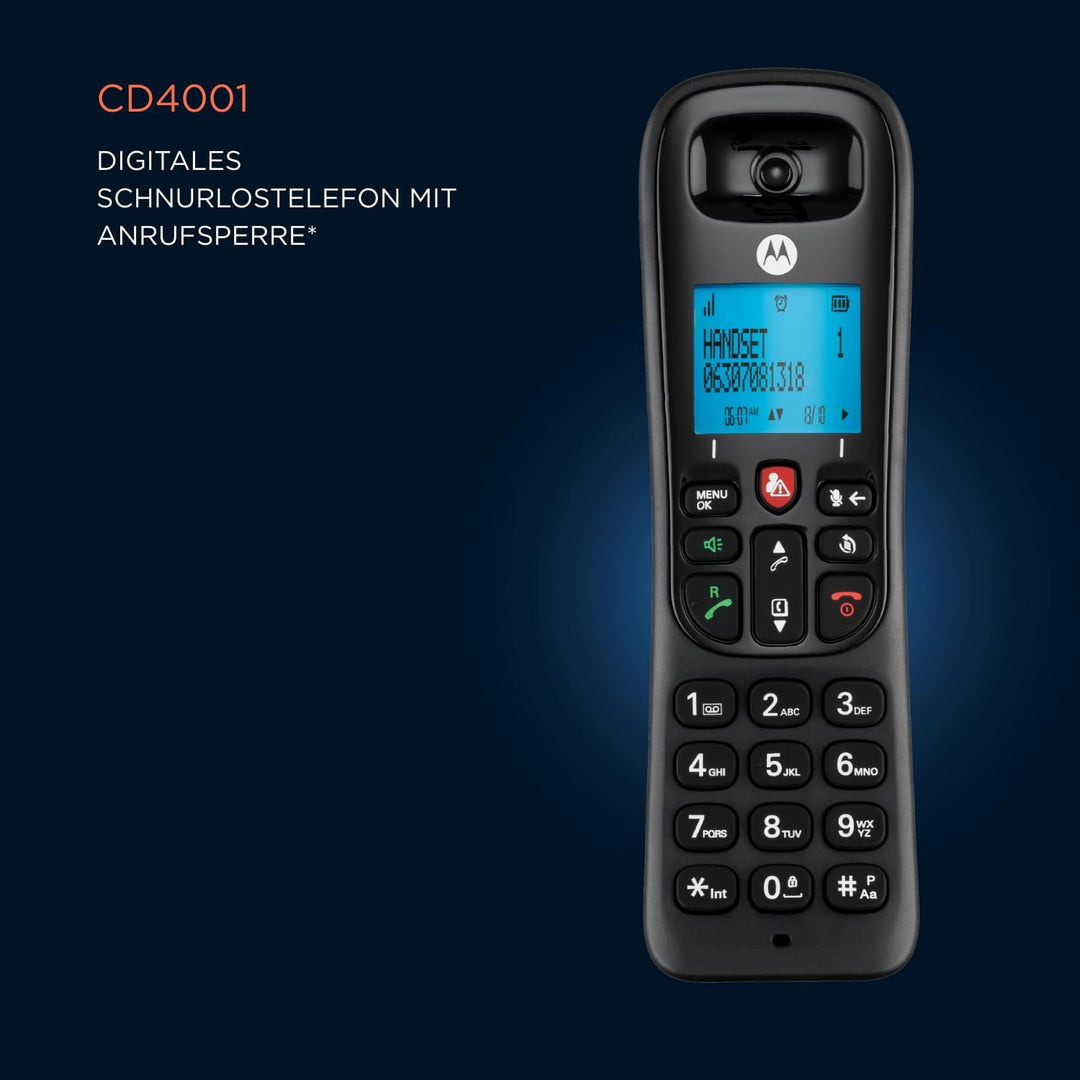 Motorola Cd4001 Negro Teléfono Fijo Inalámbrico Con Pantalla Y Teclado Retroiluminado