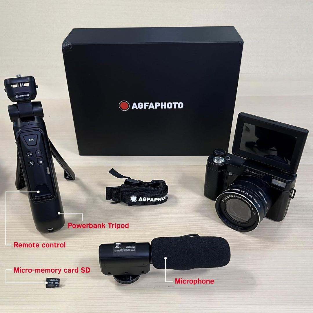 AGFA PHOTO – All-in-one-Vlogging-Set: Kamera VLG-4K Optical, Powerbank-Stativ, Fernbedienung, Mikrof