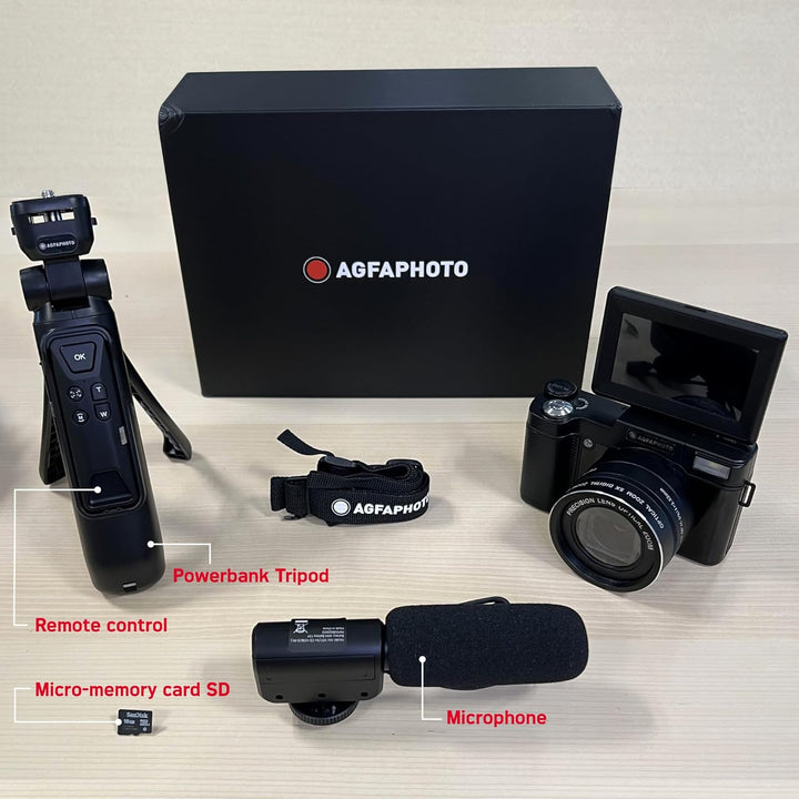 AGFA PHOTO – All-in-one-Vlogging-Set: Kamera VLG-4K Optical, Powerbank-Stativ, Fernbedienung, Mikrof