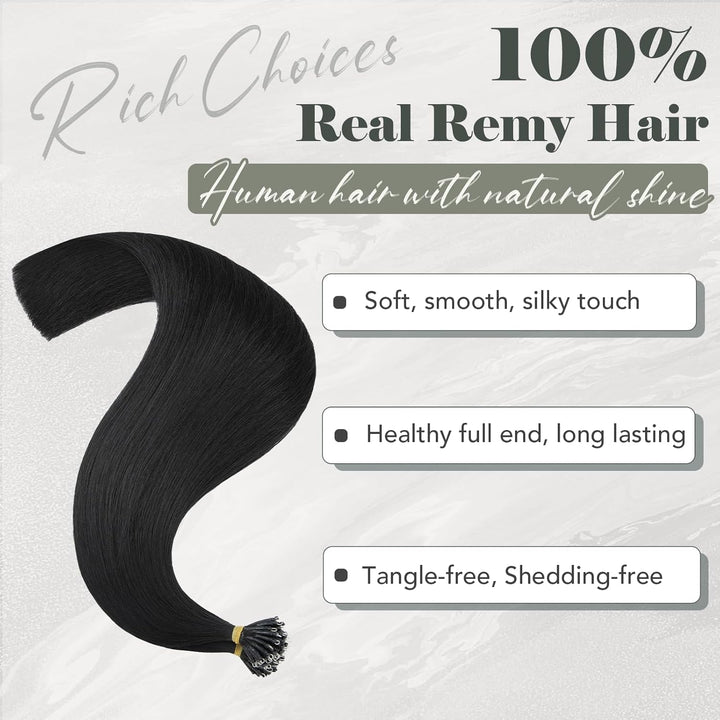 Rich Choices Nanoring Extensions Echthaar Nano Extensions 40cm #1 Lackschwarz Unsichtbare Haarverlän