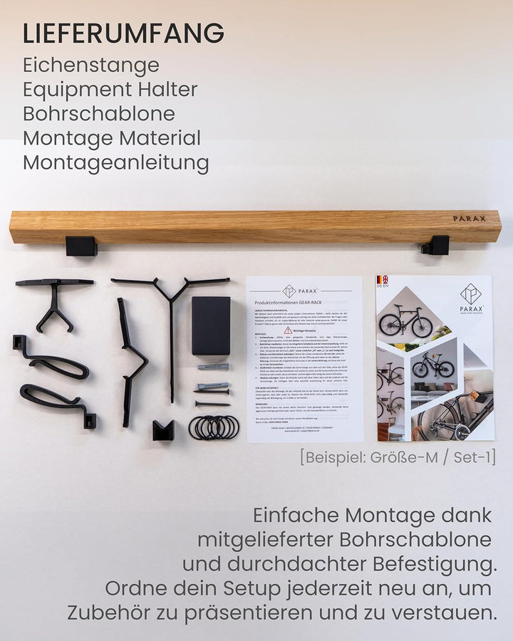 PARAX Gear-Rack Wand-Organizer für Fahrradzubehör aus Holz M: 60 cm M Set 2: Helm | 2x Brille | Abla