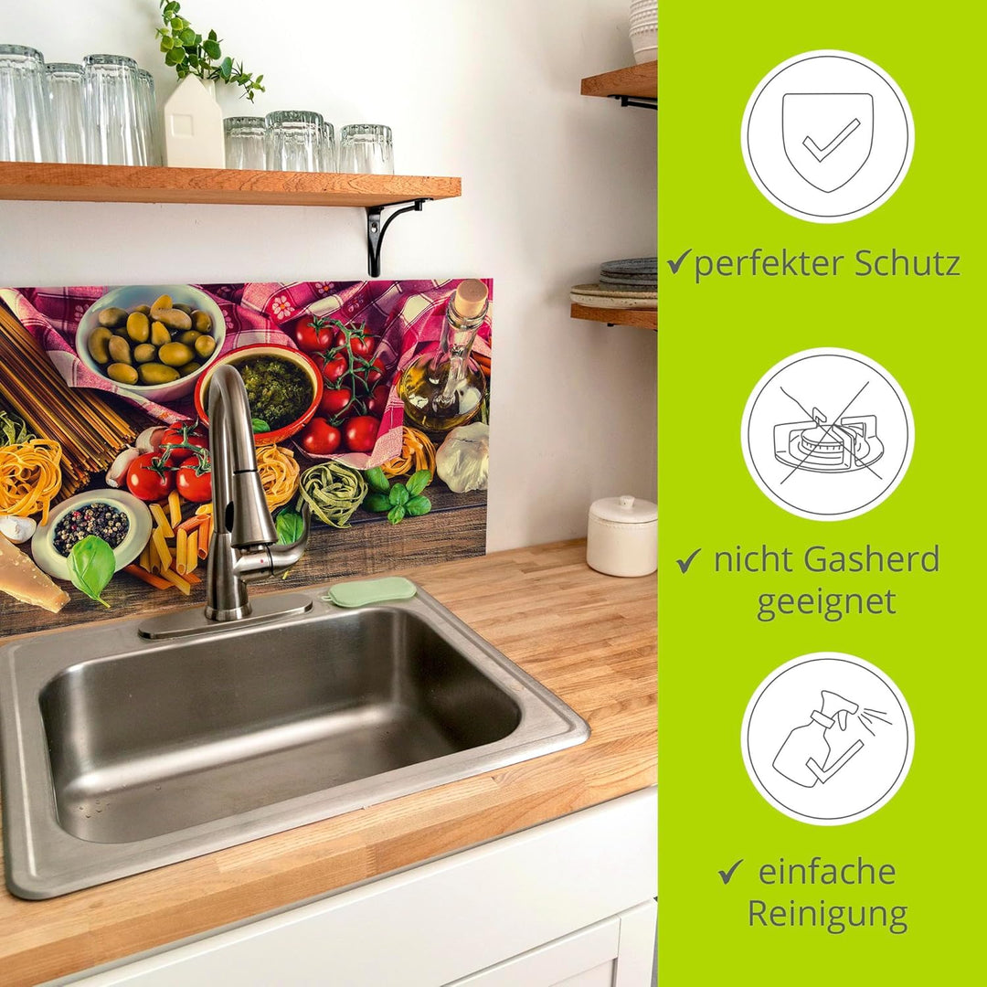 ARTland Spritzschutz Küche aus Alu für Herd Spüle 80x60 cm (BxH) Küchenrückwand mit Motiv Essen Lebe