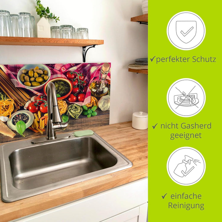ARTland Spritzschutz Küche aus Alu für Herd Spüle 80x60 cm (BxH) Küchenrückwand mit Motiv Essen Lebe
