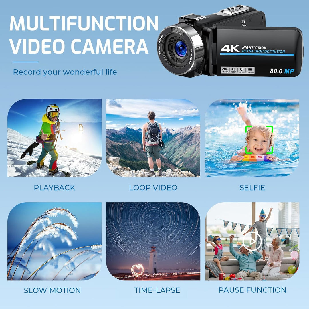Videokamera 4K Camcorder 80MP 18X Digitalzoom IR Nachtsicht Vlogging Camera | 4K UHD & 80MP Fotos, 3